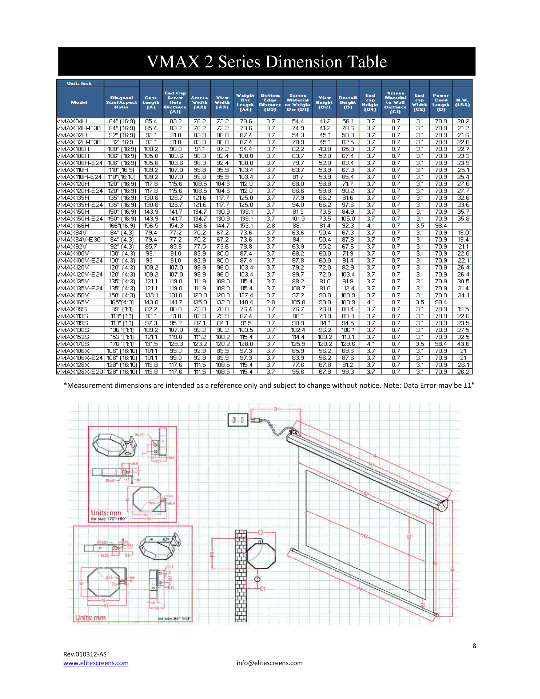 Elite Screens VMAX2 manual Vmax 2 Series Dimension Table 