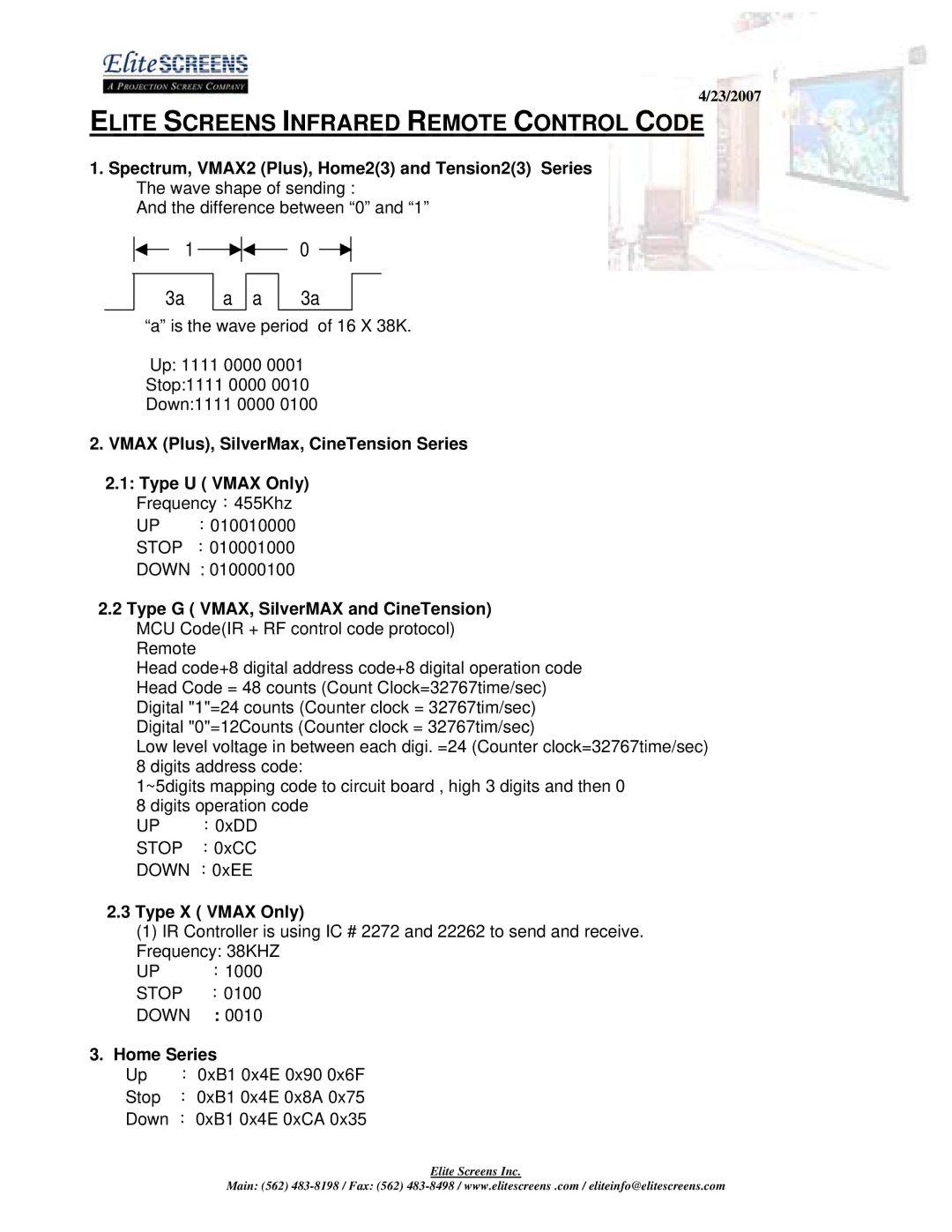 Elite Screens VMAX2 manual Elite Screens Infrared Remote Control Code, Type X Vmax Only, Home Series 