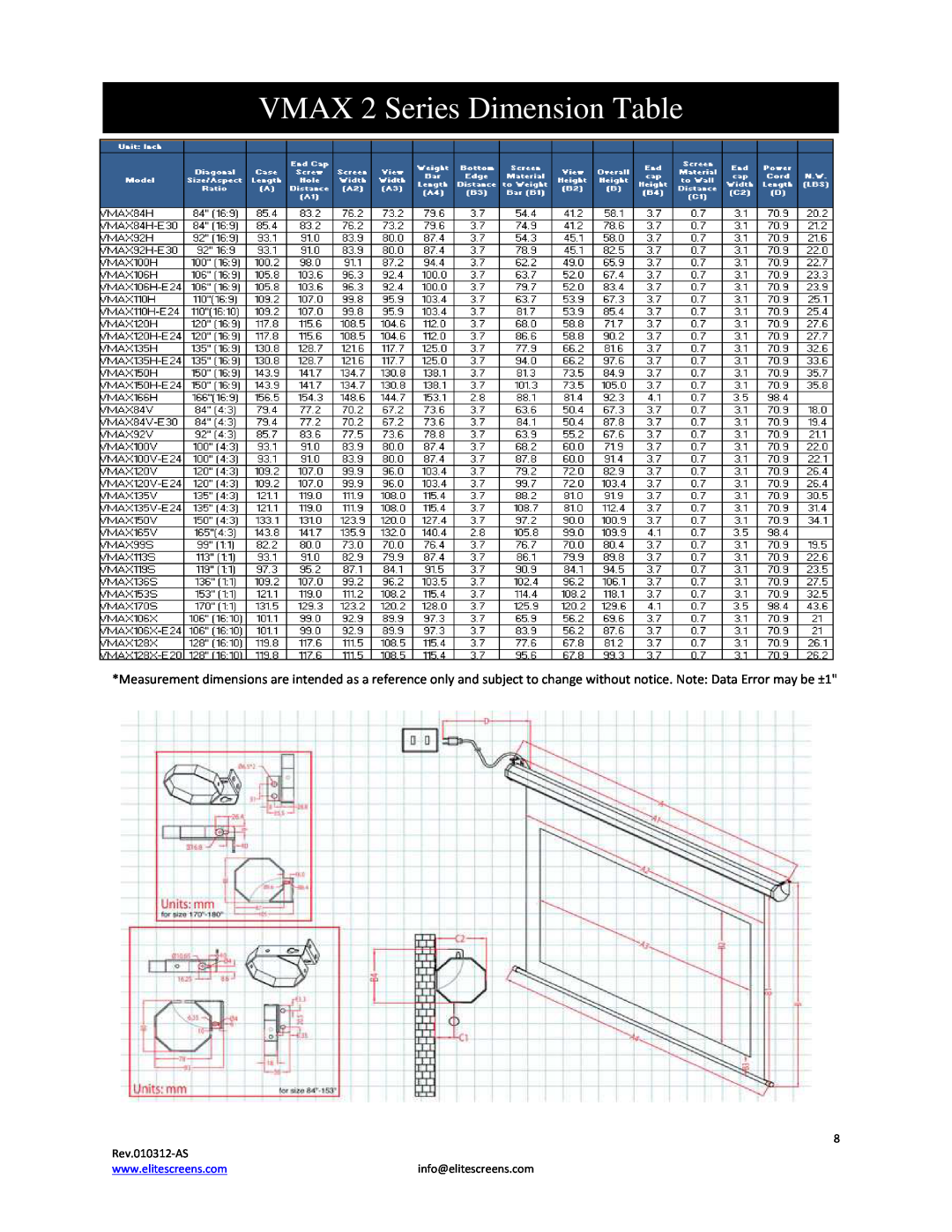 Elite Screens VMAX2 manual VMAX 2 Series Dimension Table, Rev.010312-AS, info@elitescreens.com 