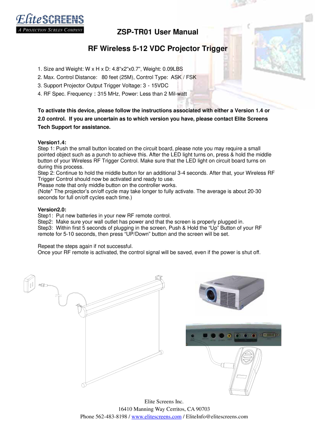 Elite Screens ZSP-TR01 user manual RF Wireless 5-12 VDC Projector Trigger, Version2.0 