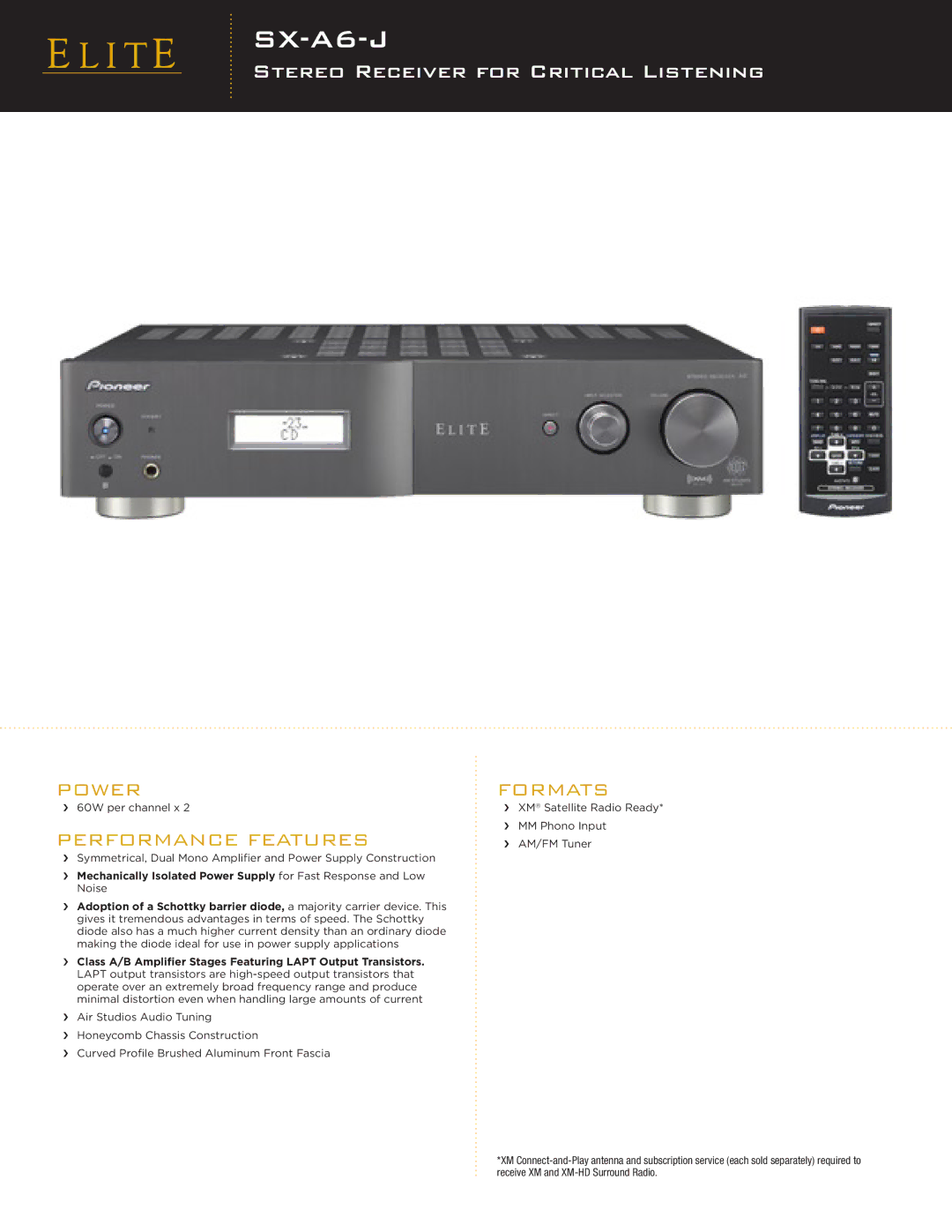 Elite SX-A6-J manual Stereo Receiver for Critical Listening, Power, Performance Features, Formats 