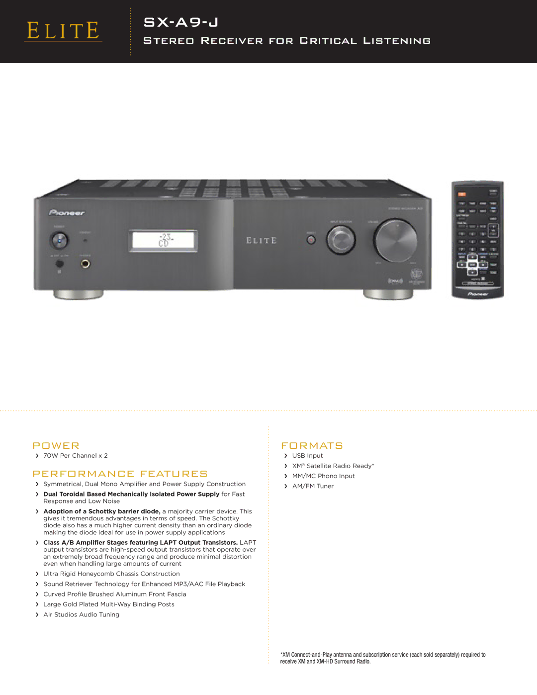 Elite SX-A9-J manual Stereo Receiver for Critical Listening, Power, Performance Features, Formats 