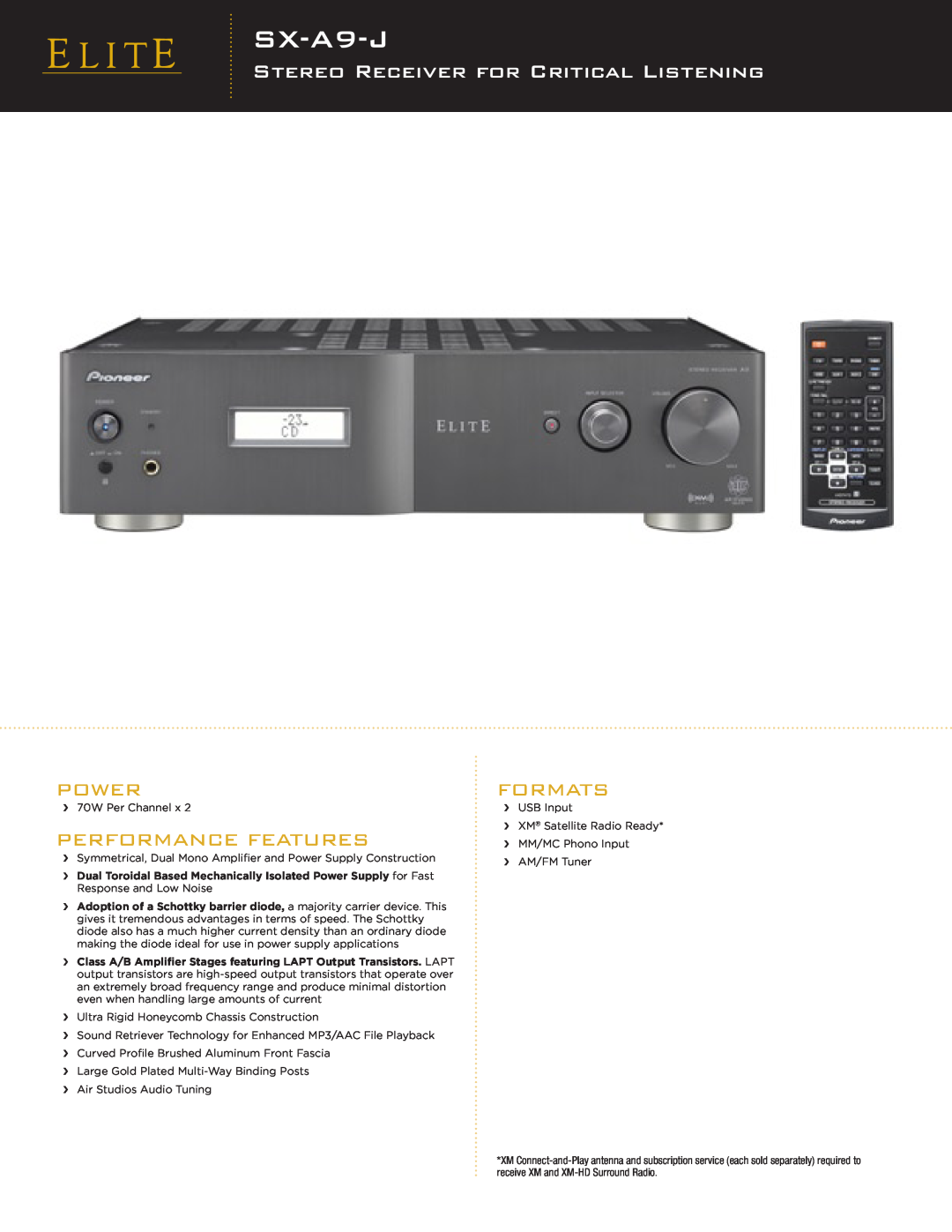 Elite SX-A9-J manual Stereo Receiver For Critical Listening, Power, Performance Features, Formats 