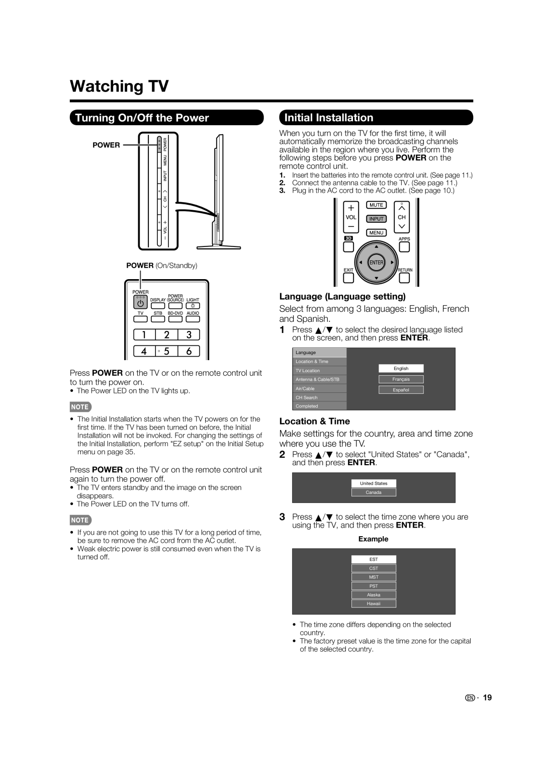 Elite Video PRO60X5FD, PRO70X5FD Watching TV, Turning On/Off the Power, Initial Installation, Language Language setting 