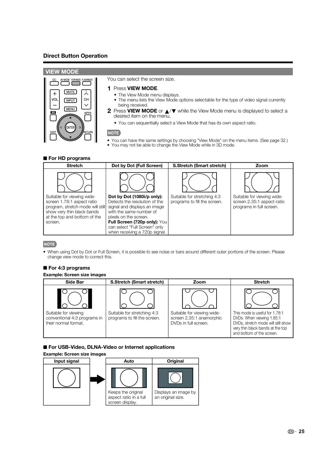 Elite Video PRO-60X5FD, PRO70X5FD manual You can select the screen size, Press View Mode, For HD programs, For 43 programs 