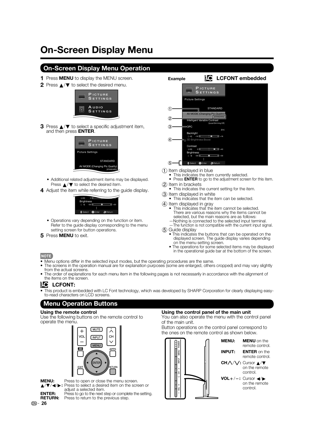 Elite Video PRO70X5FD, PRO60X5FD, PRO-70X5FD On-Screen Display Menu Operation, Menu Operation Buttons, Lcfont embedded 