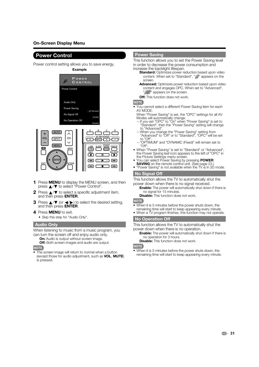 Elite Video PRO60X5FD, PRO70X5FD, PRO-70X5FD manual Power Control, Power Saving, Audio Only, No Signal Off, No Operation Off 