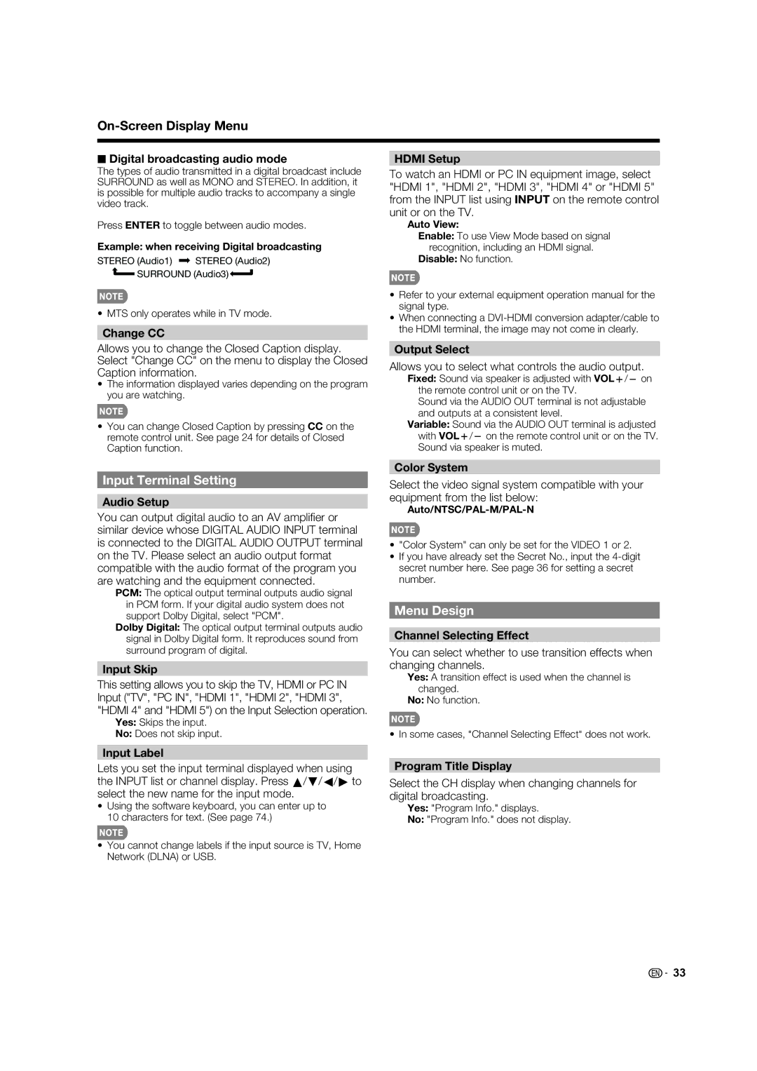 Elite Video PRO-60X5FD, PRO70X5FD, PRO60X5FD, PRO-70X5FD manual Input Terminal Setting, Menu Design 