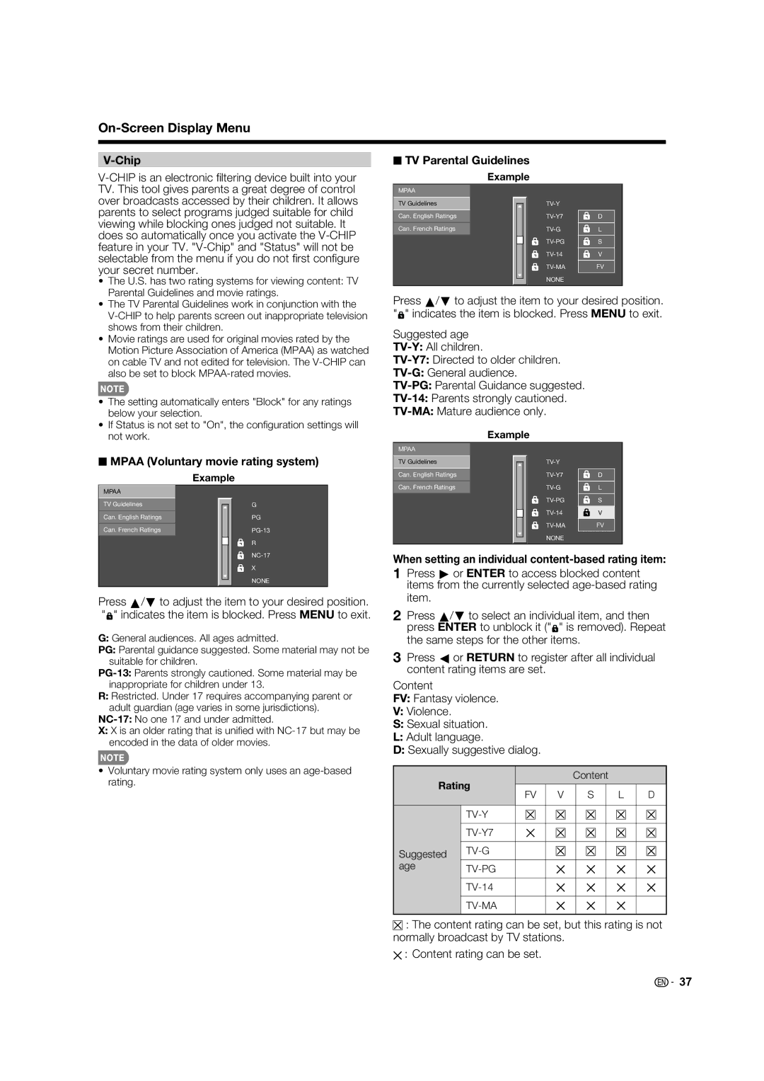 Elite Video PRO-60X5FD, PRO70X5FD manual Chip is an electronic ﬁ ltering device built into your, TV Parental Guidelines 