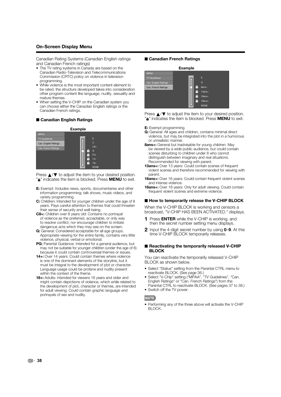 Elite Video PRO70X5FD manual Canadian English Ratings, Canadian French Ratings, How to temporarily release the V-CHIP Block 