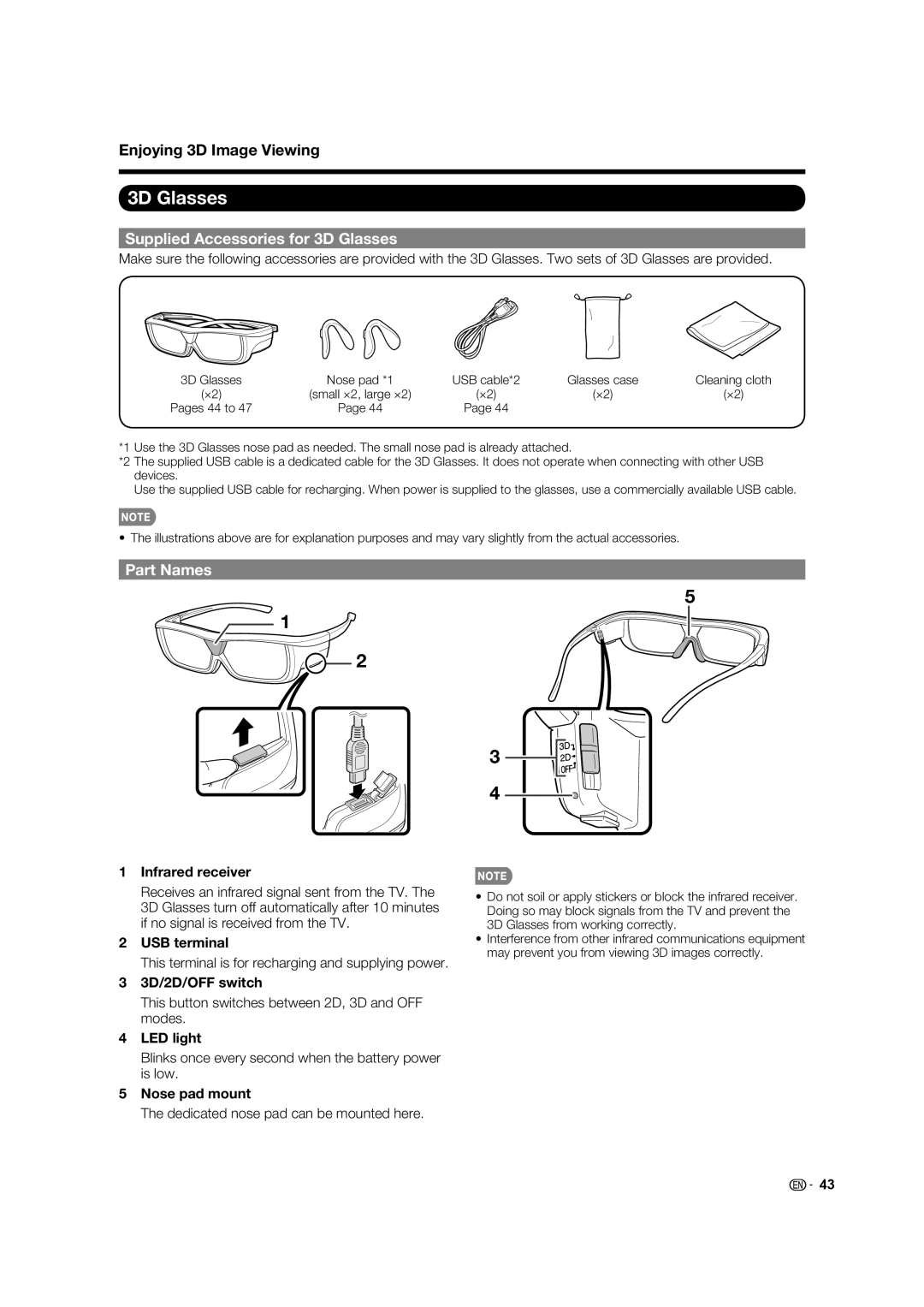 Elite Video PRO60X5FD, PRO70X5FD, PRO-70X5FD Enjoying 3D Image Viewing, Supplied Accessories for 3D Glasses, Part Names 