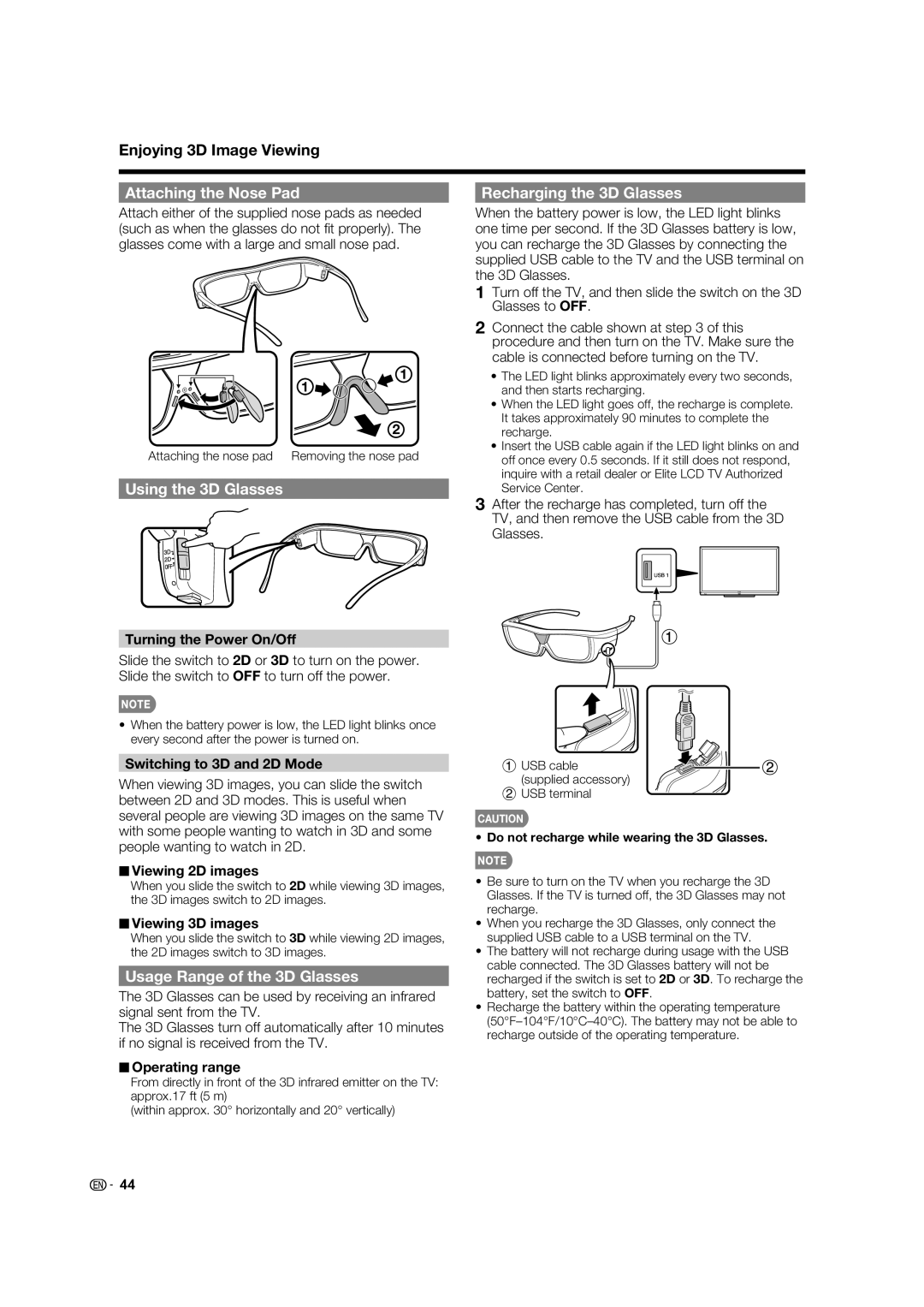 Elite Video PRO-70X5FD, PRO70X5FD, PRO60X5FD Attaching the Nose Pad, Using the 3D Glasses, Usage Range of the 3D Glasses 