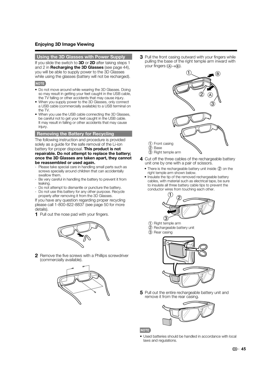 Elite Video PRO-60X5FD, PRO70X5FD, PRO60X5FD Using the 3D Glasses with Power Supply, Removing the Battery for Recycling 