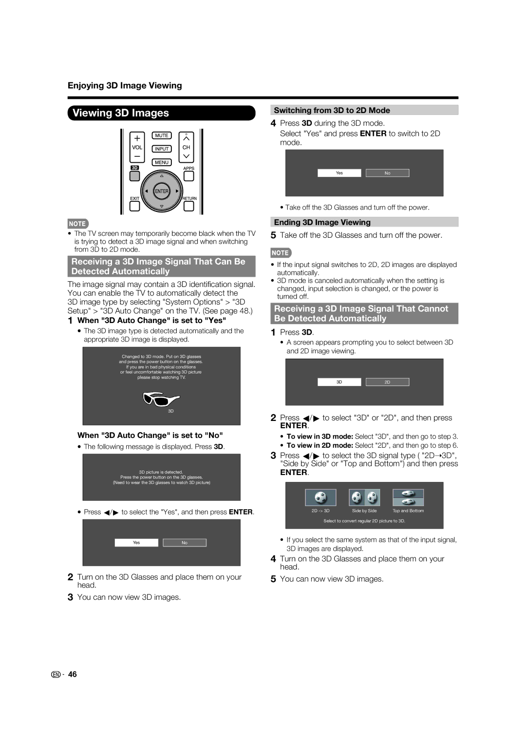 Elite Video PRO70X5FD, PRO60X5FD Viewing 3D Images, When 3D Auto Change is set to Yes, When 3D Auto Change is set to No 