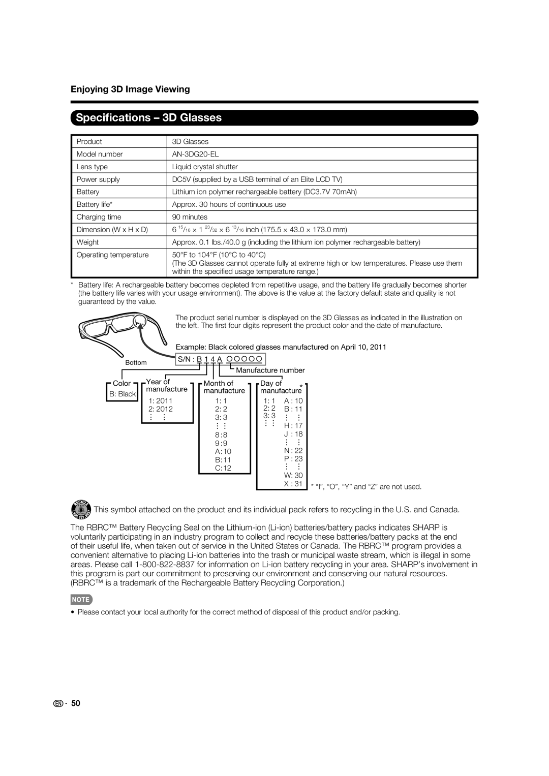 Elite Video PRO70X5FD, PRO60X5FD, PRO-70X5FD, PRO-60X5FD manual Speciﬁcations 3D Glasses, AN-3DG20-EL 