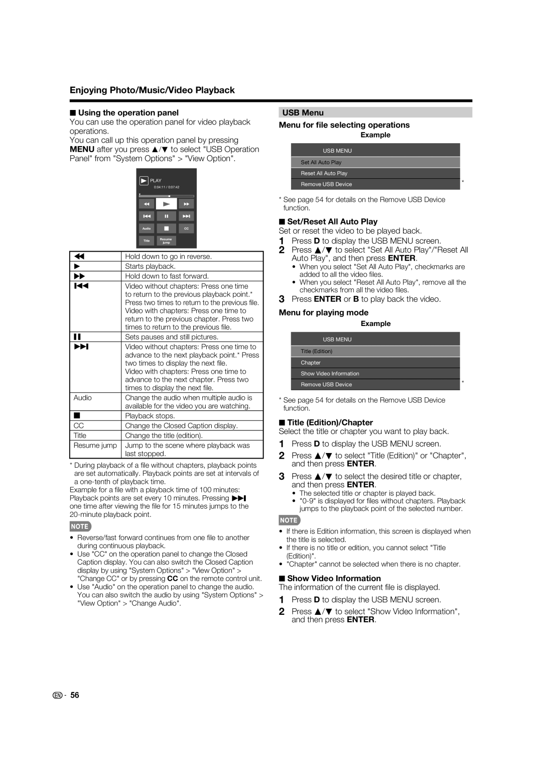 Elite Video PRO-70X5FD manual Using the operation panel, USB Menu Menu for ﬁle selecting operations, Menu for playing mode 