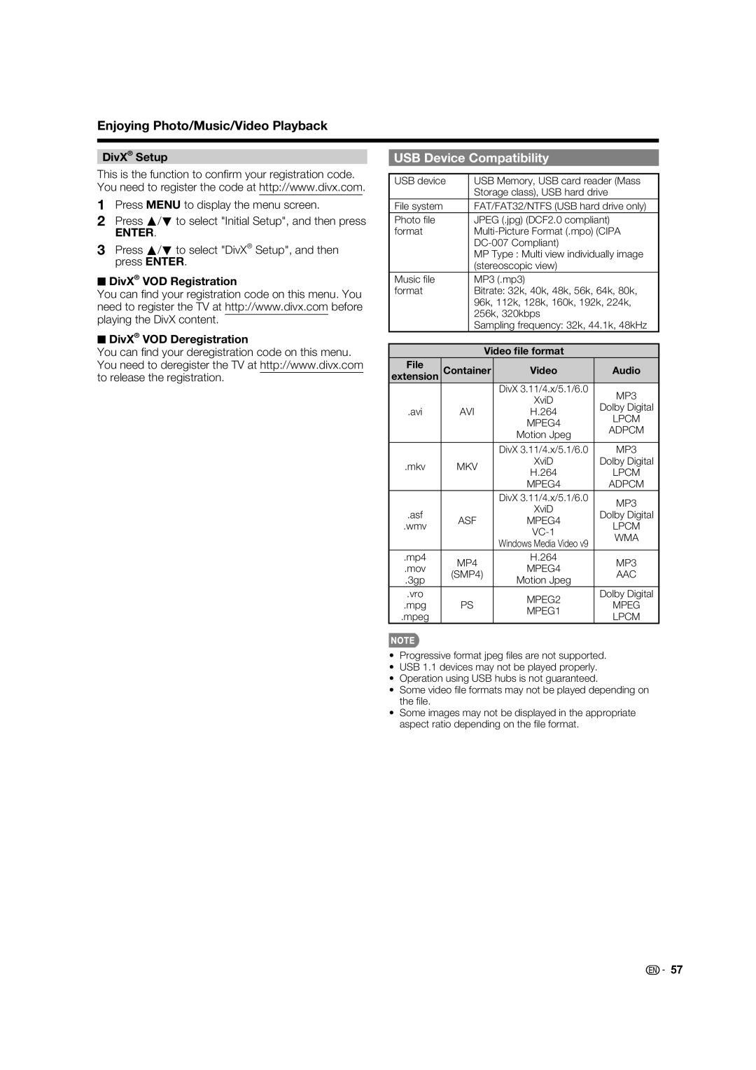 Elite Video PRO-60X5FD, PRO70X5FD manual USB Device Compatibility, Press a/b to select DivX Setup, and then press Enter 