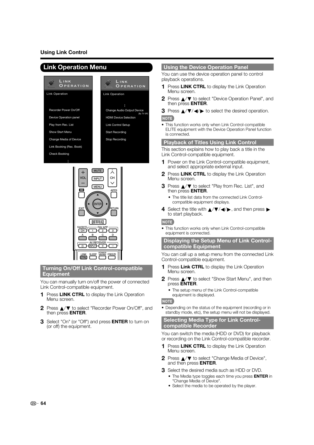 Elite Video PRO-70X5FD manual Link Operation Menu, Using the Device Operation Panel, Playback of Titles Using Link Control 