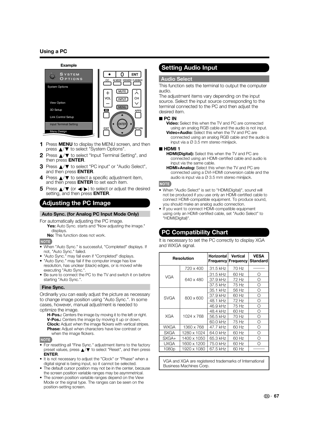 Elite Video PRO60X5FD manual Setting Audio Input, Adjusting the PC Image, PC Compatibility Chart, Using a PC, Audio Select 