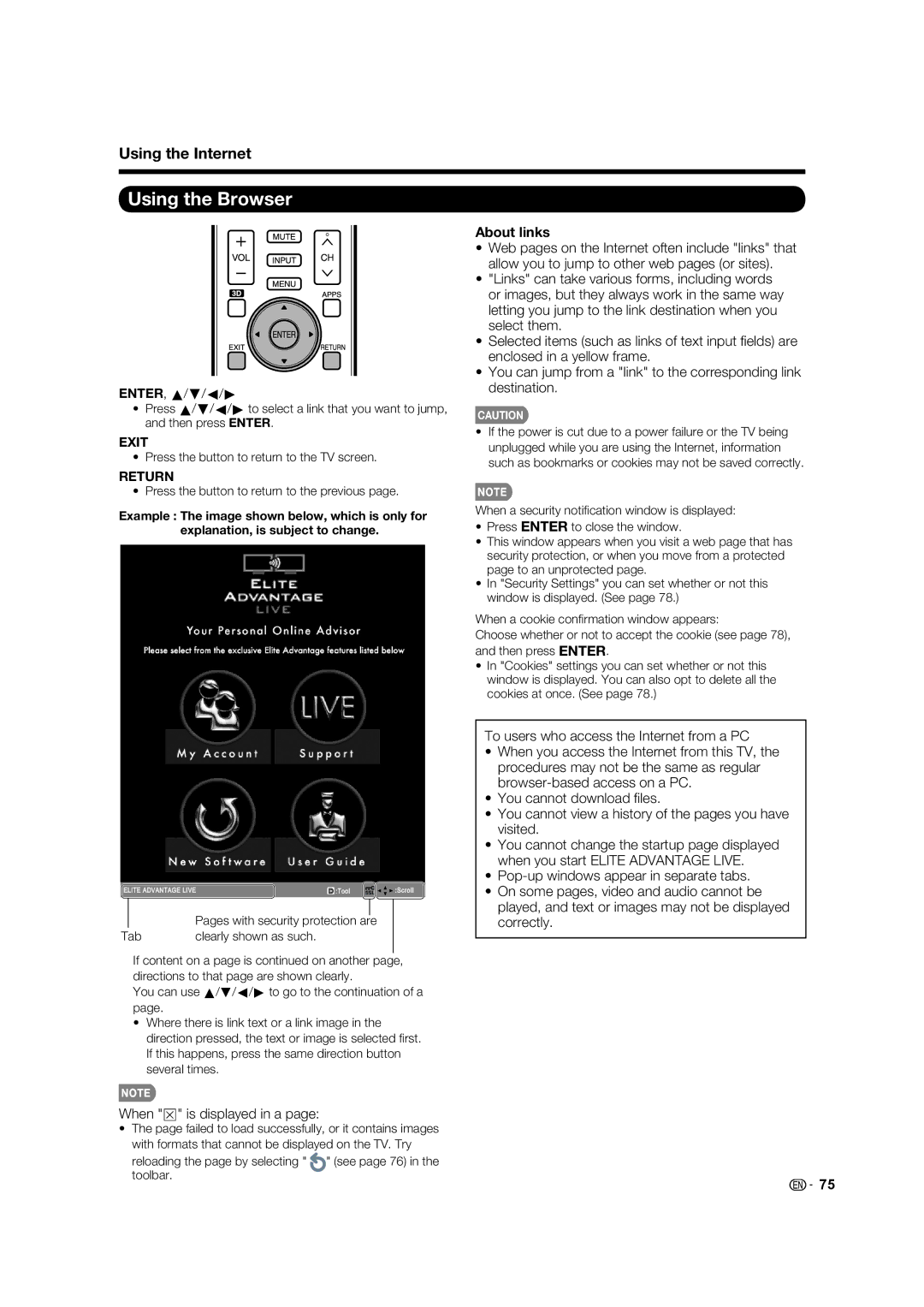 Elite Video PRO60X5FD, PRO70X5FD, PRO-70X5FD, PRO-60X5FD manual Using the Browser, About links, ENTER, a/b/c/d 