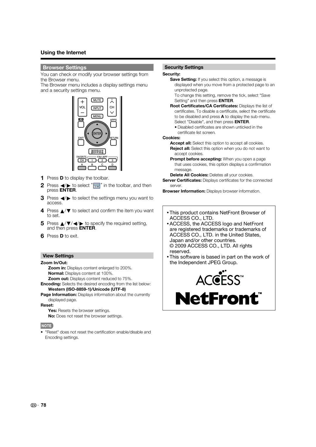 Elite Video PRO70X5FD, PRO60X5FD, PRO-70X5FD, PRO-60X5FD manual Browser Settings, View Settings, Security Settings 