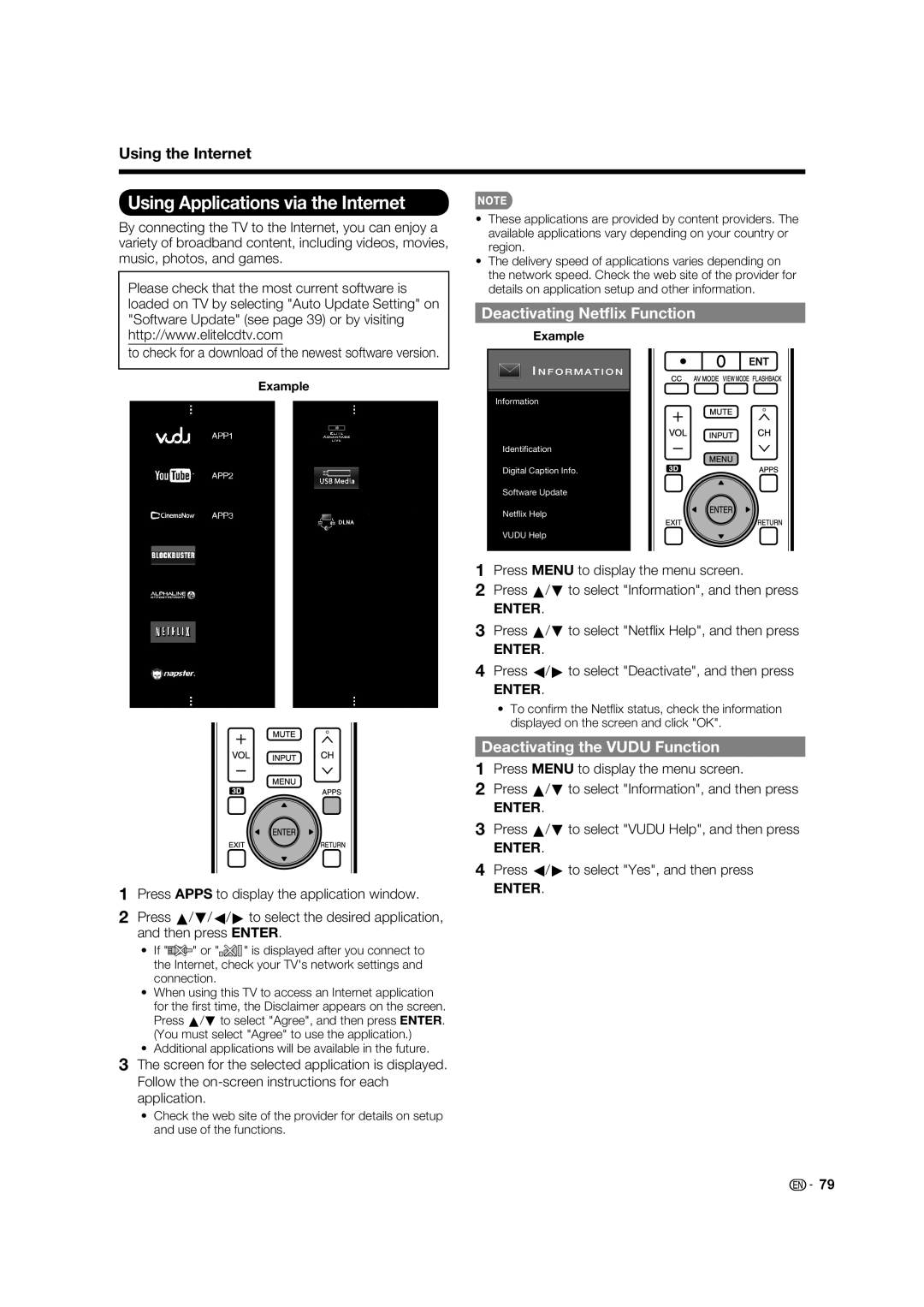 Elite Video PRO60X5FD Using Applications via the Internet, Deactivating Netﬂix Function, Deactivating the Vudu Function 