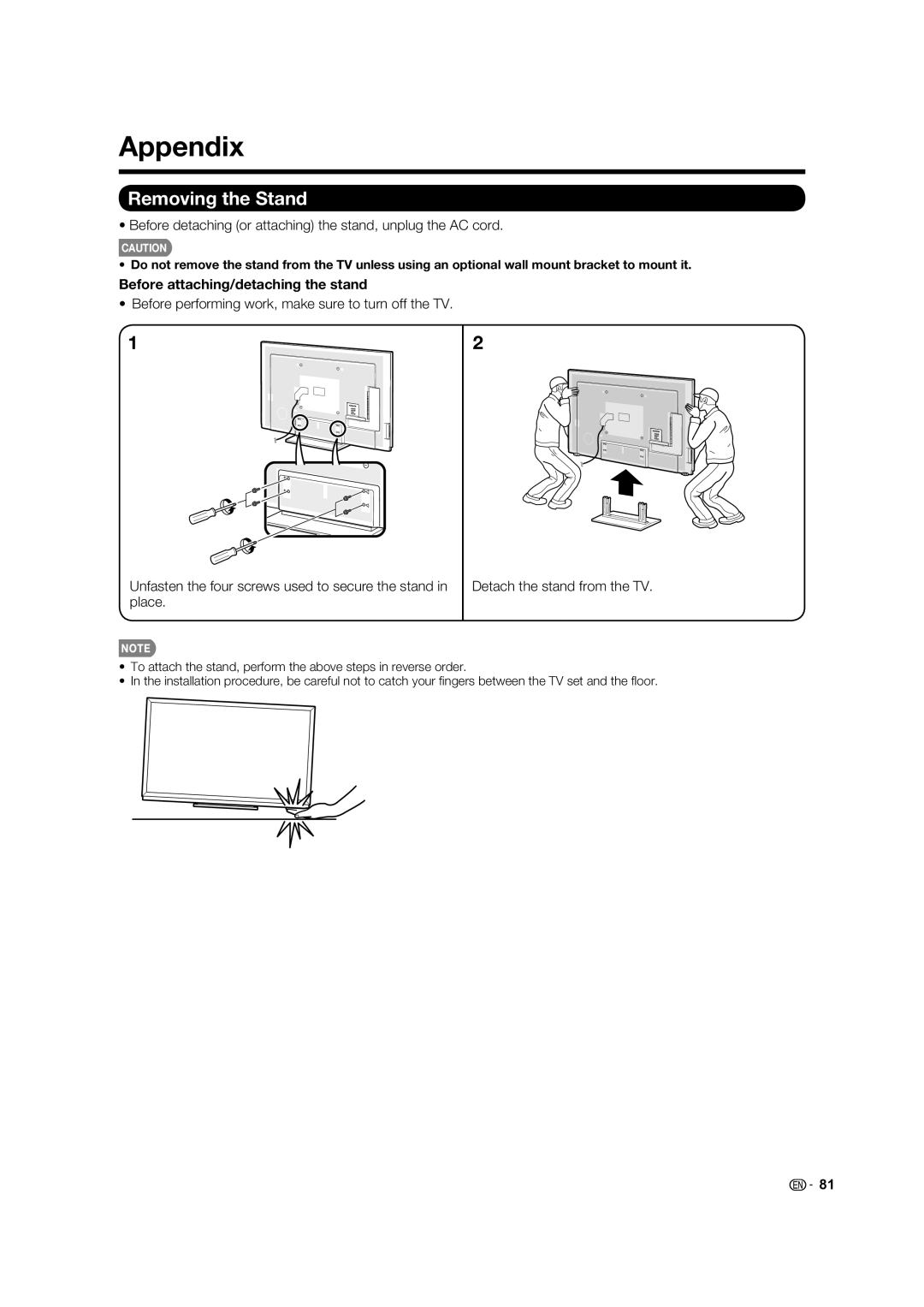 Elite Video PRO-60X5FD manual Appendix, Removing the Stand, Before detaching or attaching the stand, unplug the AC cord 