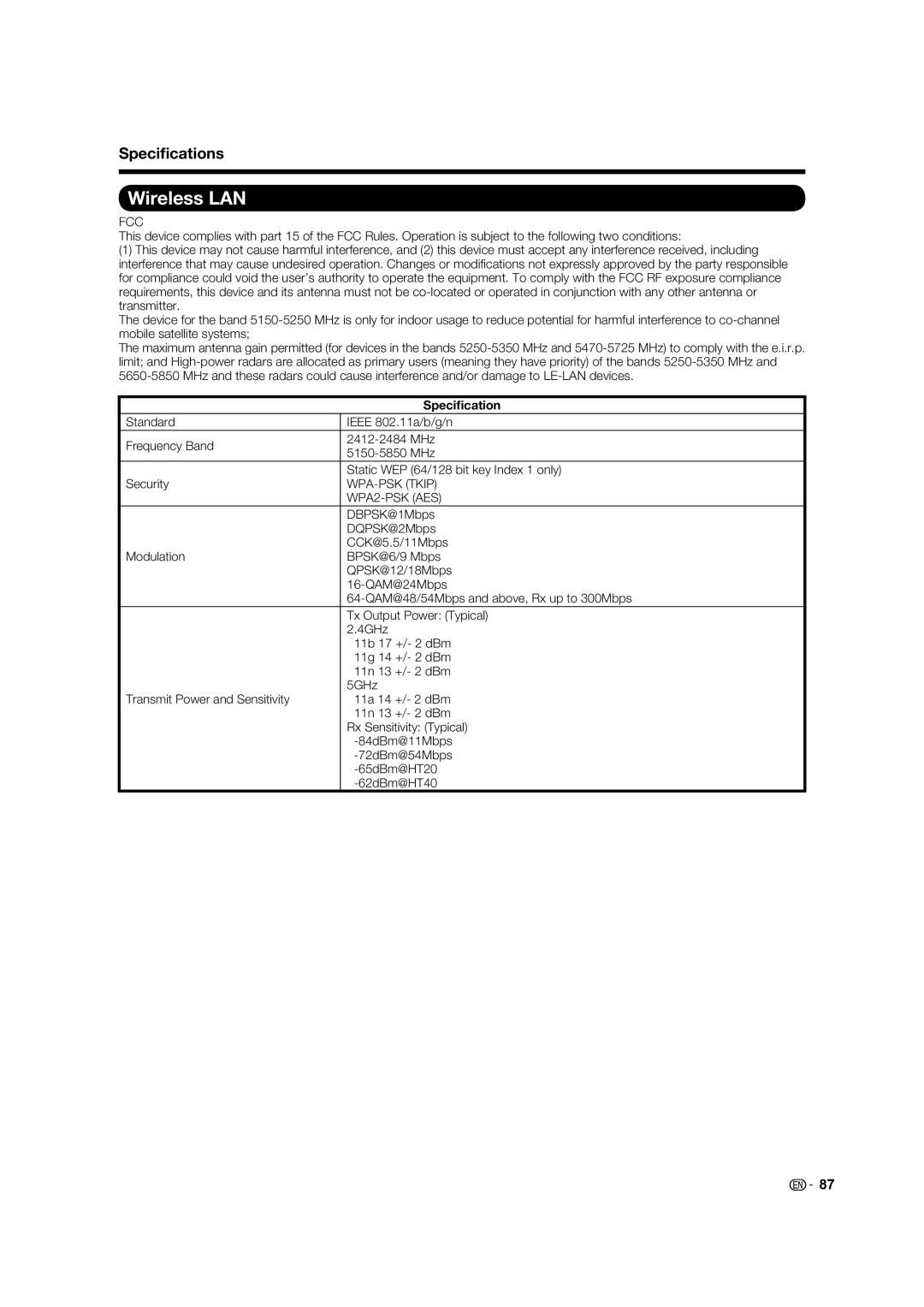 Elite Video PRO60X5FD, PRO70X5FD, PRO-70X5FD, PRO-60X5FD manual Wireless LAN, Speciﬁcations 