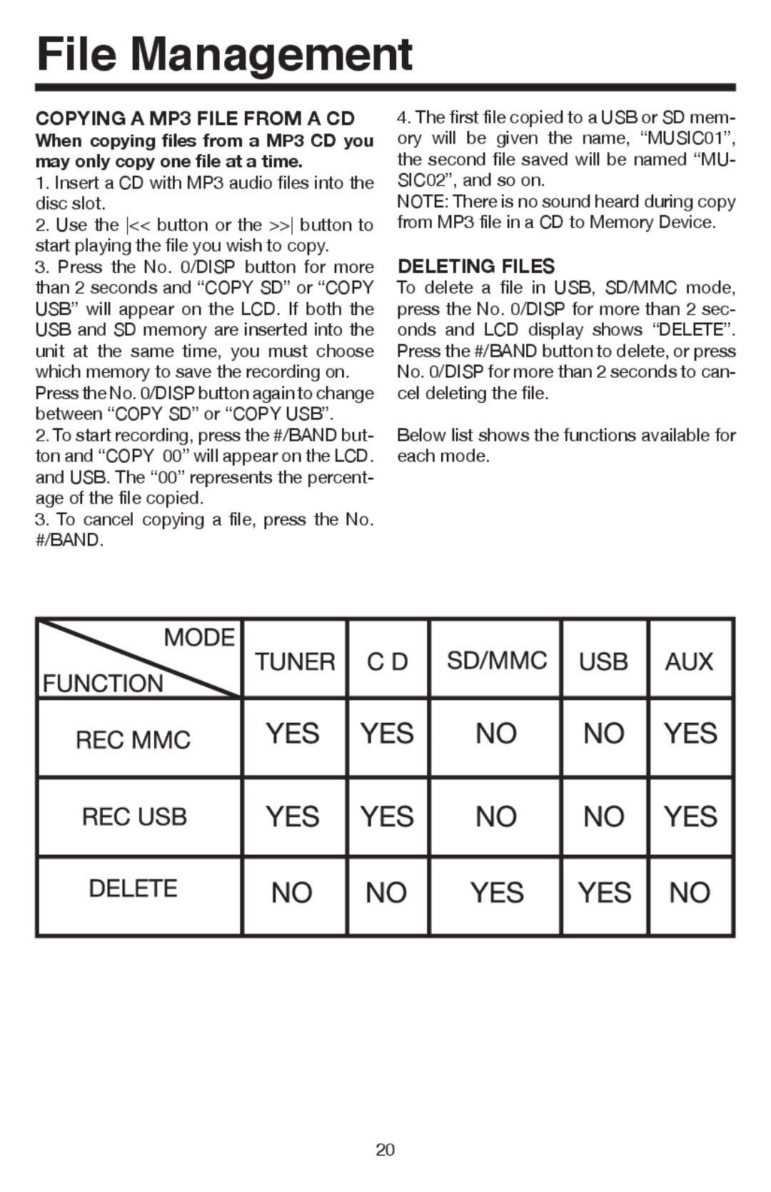 Elite VR500CS-BT manual File Management, Copying a MP3 File from a CD, Deleting Files 