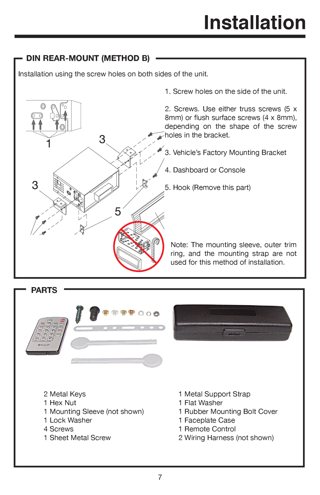 Elite VR500CS-BT manual DIN REAR-MOUNT Method B, Parts 