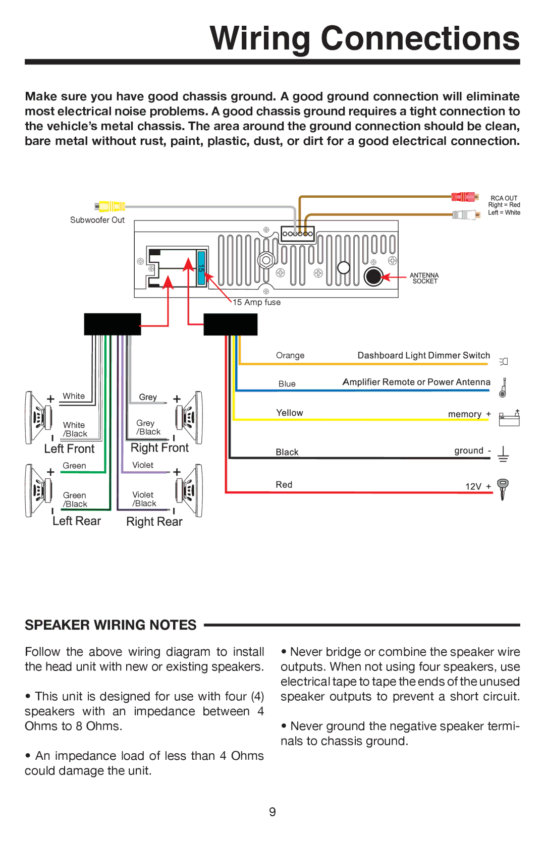 Elite VR500CS-BT manual Wiring Connections, Speaker Wiring Notes 