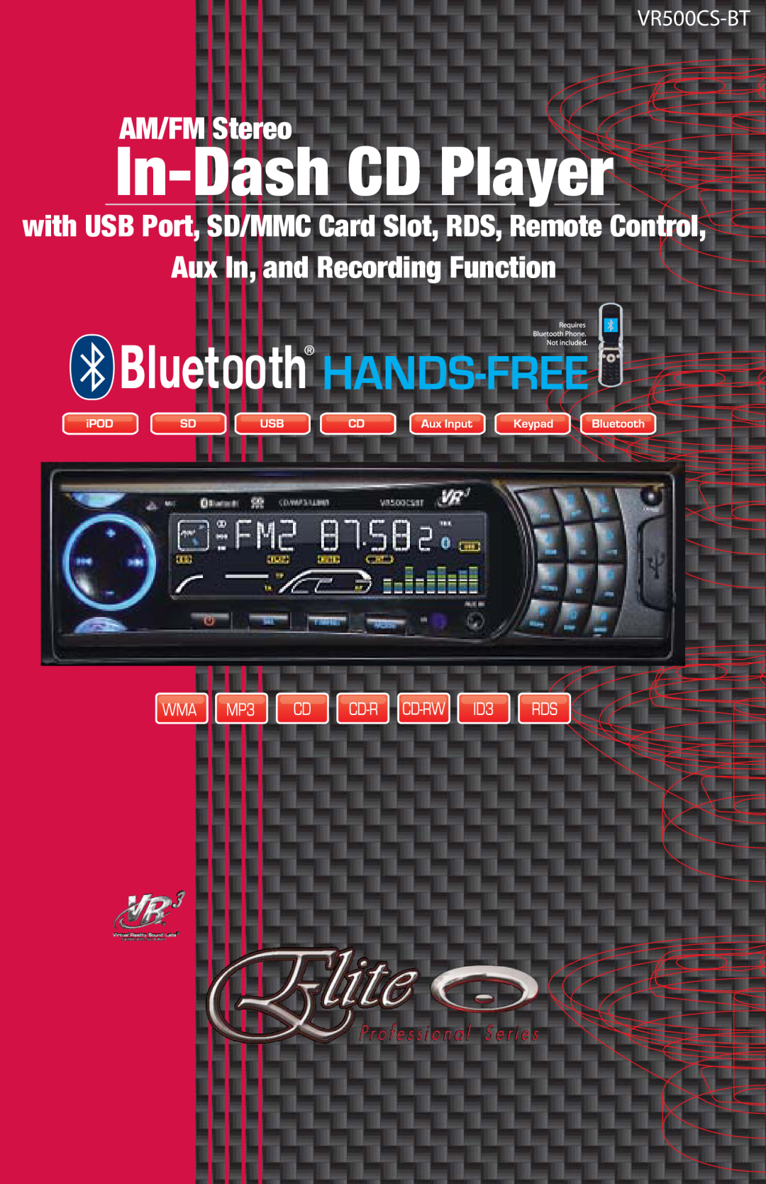 Elite VR500CS-BT manual In-DashCD Player, AM/FM Stereo, Aux In, and Recording Function 