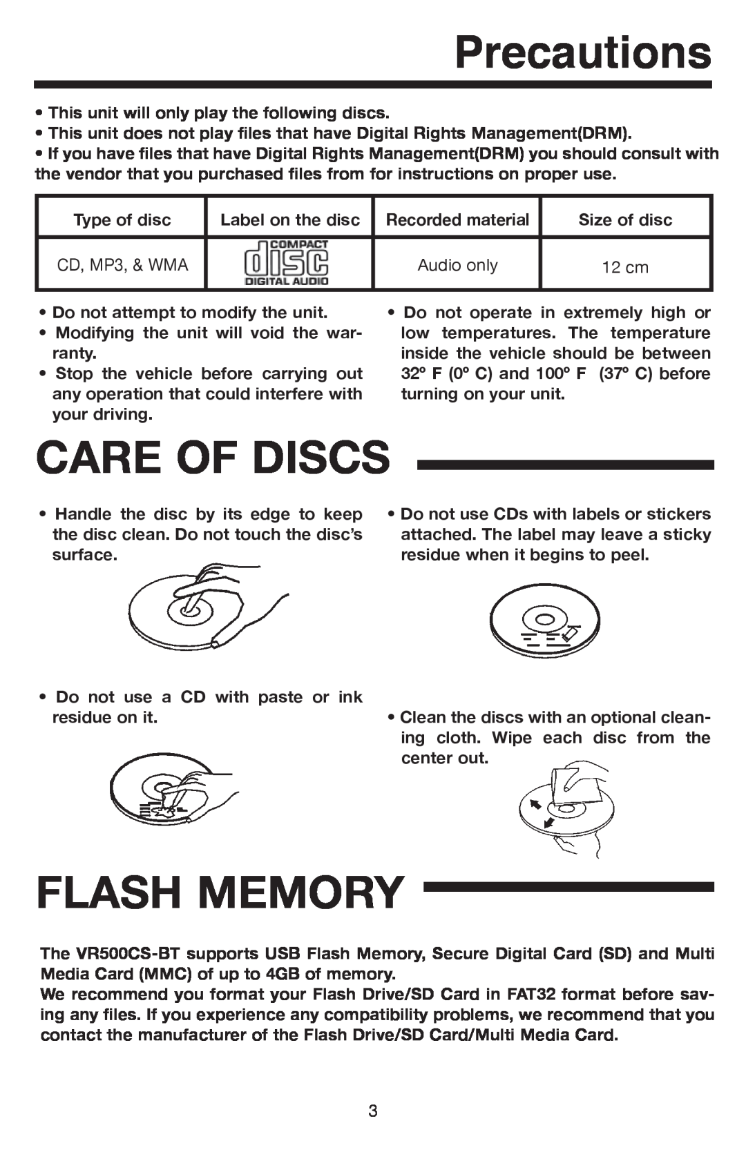 Elite VR500CS-BT manual Precautions, Care Of Discs, Flash Memory 