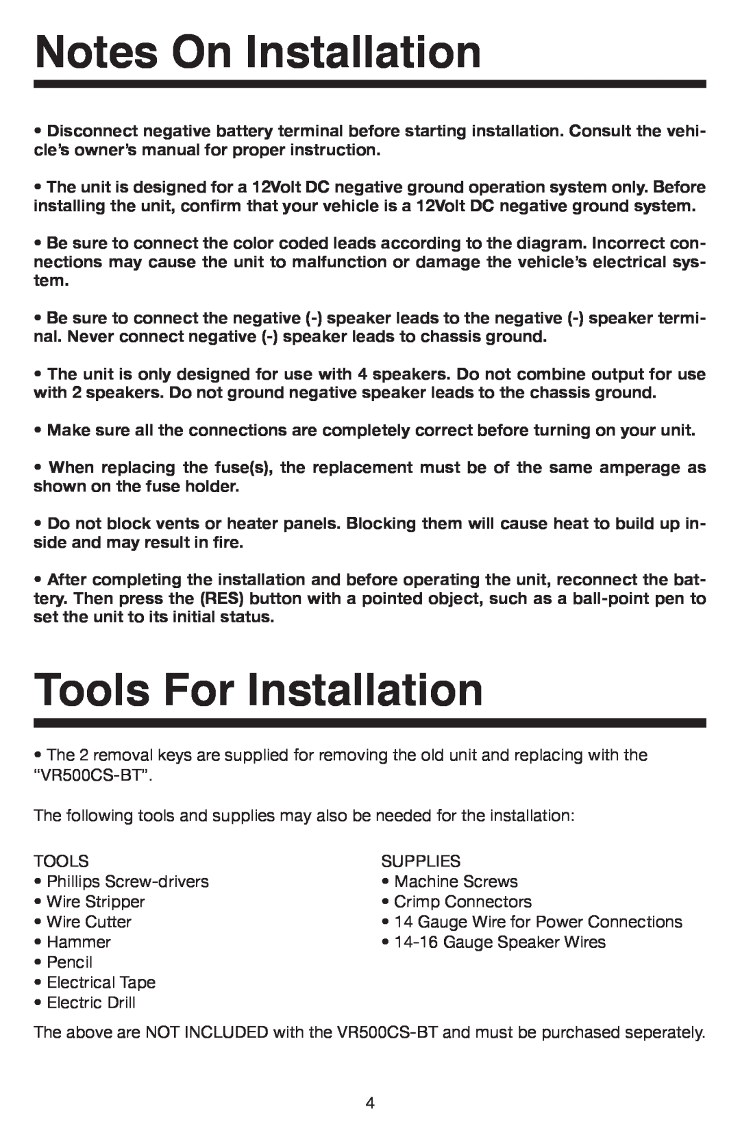 Elite VR500CS-BT manual Notes On Installation, Tools For Installation 