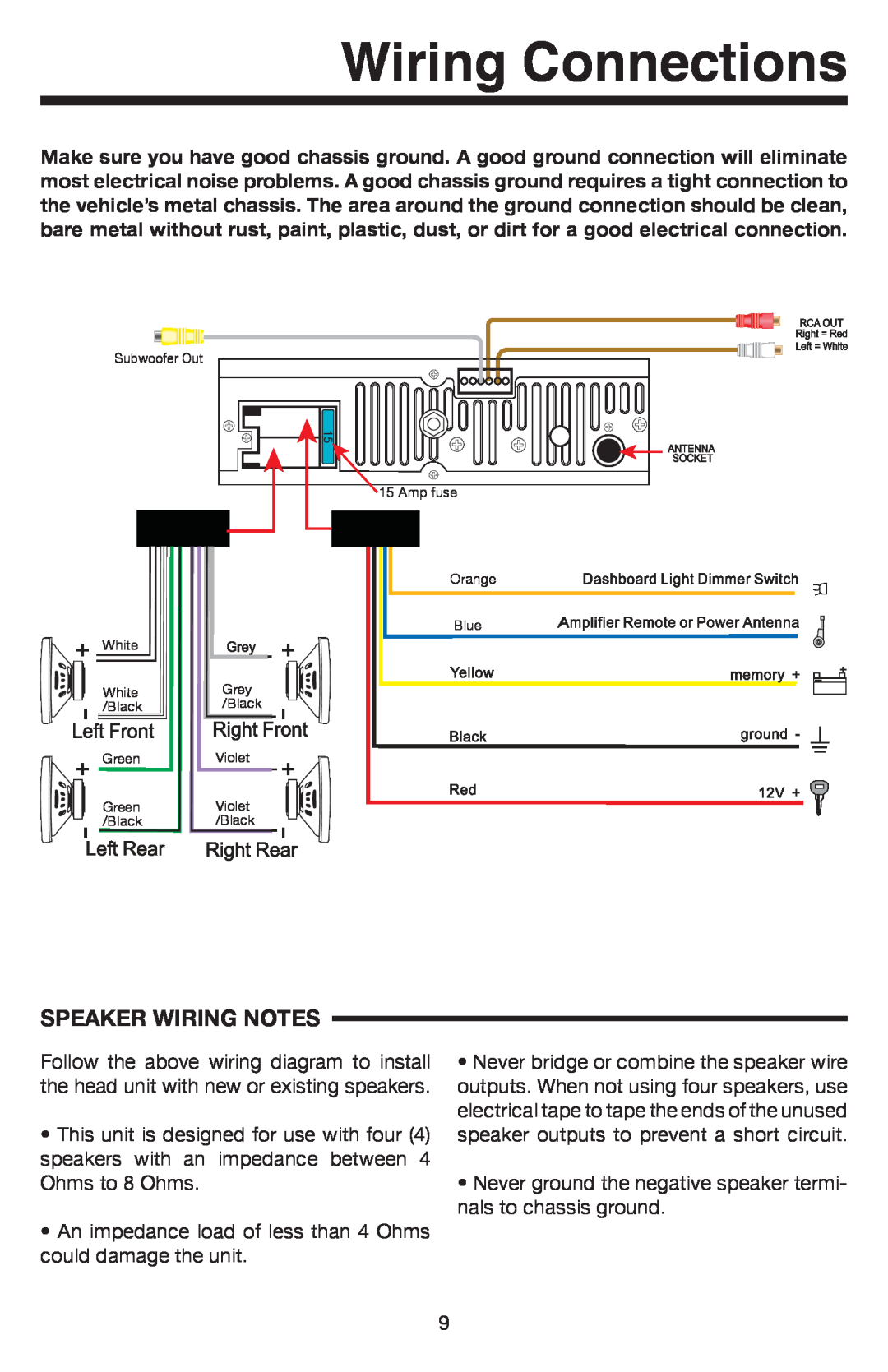 Elite VR500CS-BT manual Wiring Connections, Speaker Wiring Notes 