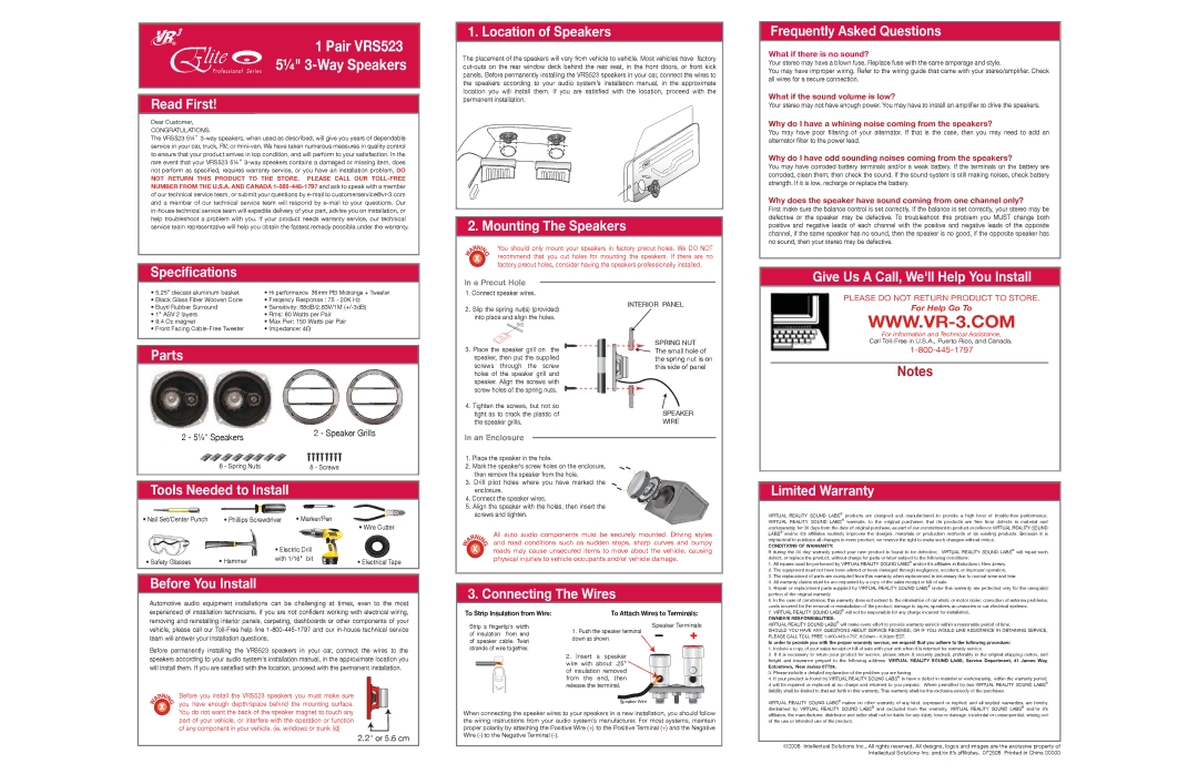 Elite VRS523 specifications Read First, Specifications Location of Speakers, Mounting The Speakers, Parts 