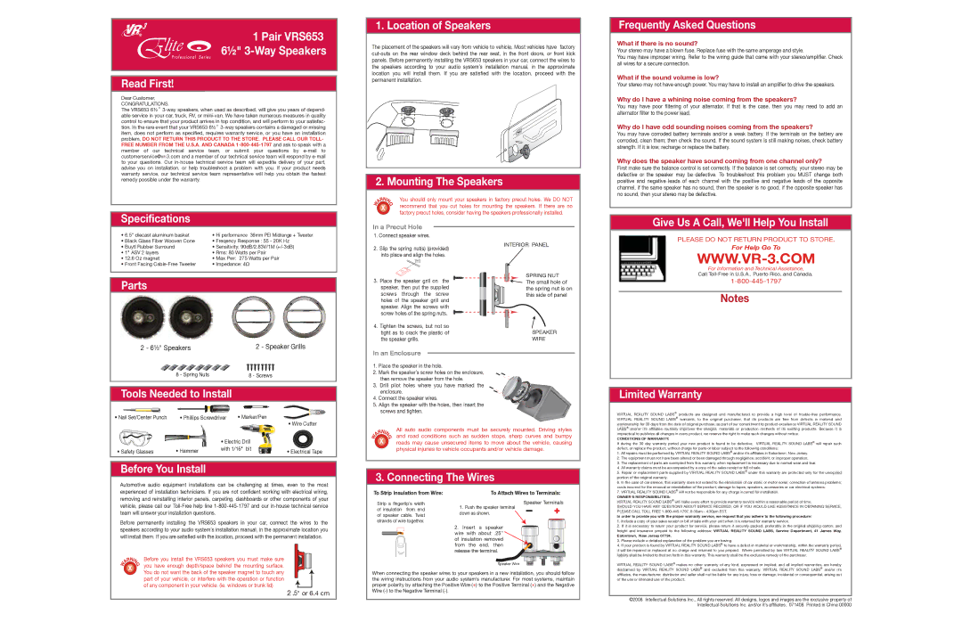 Elite VRS653 specifications Read First, Specifications Location of Speakers, Mounting The Speakers, Parts 