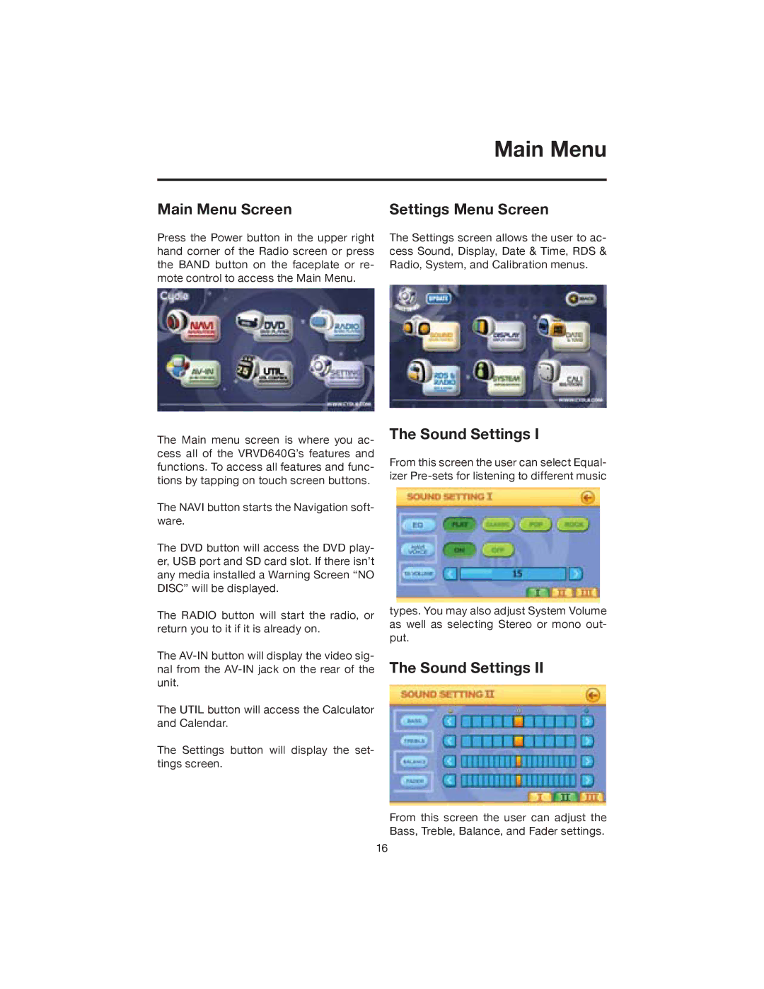 Elite VRVD640G manual Main Menu Screen Settings Menu Screen, Sound Settings 