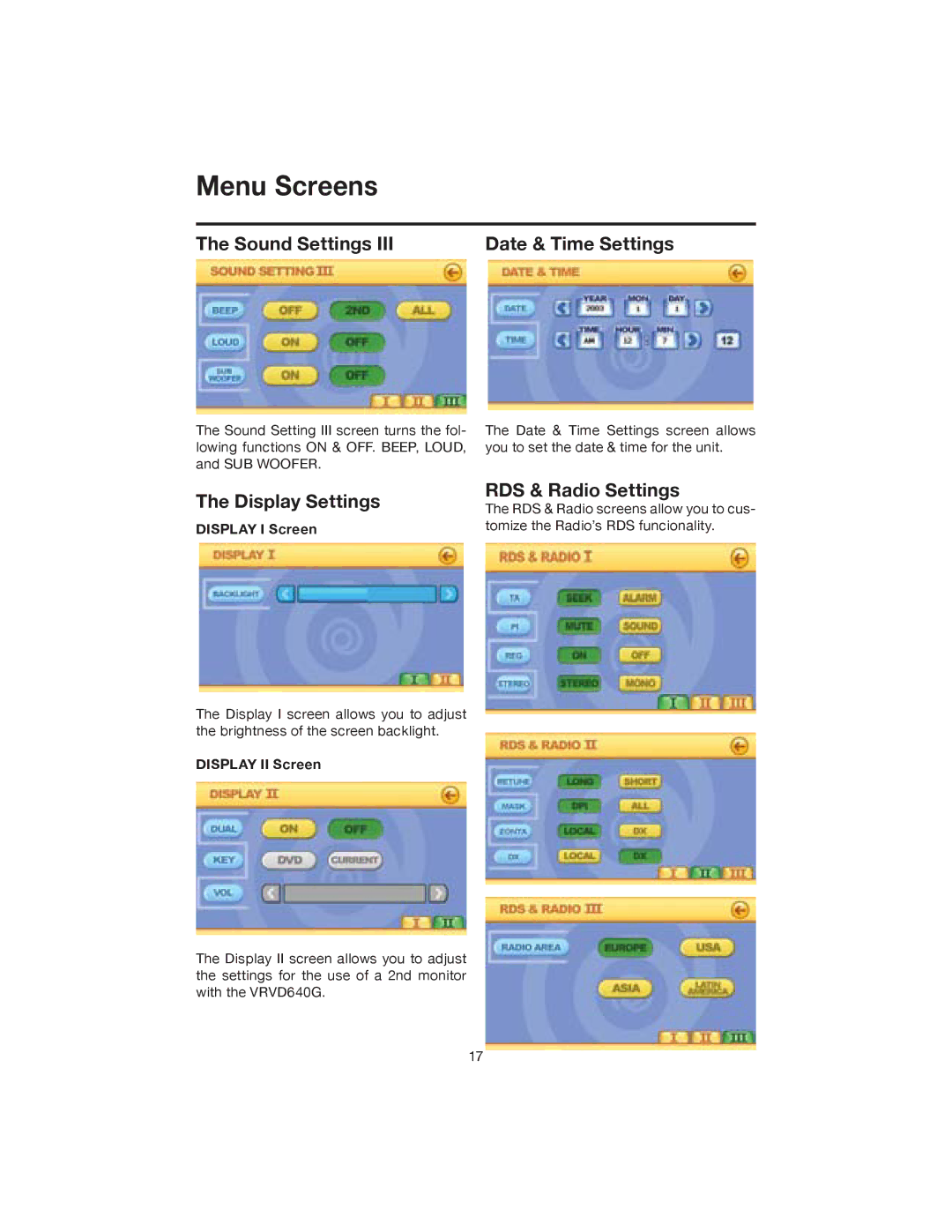 Elite VRVD640G manual Menu Screens, Display Settings, Date & Time Settings, RDS & Radio Settings 