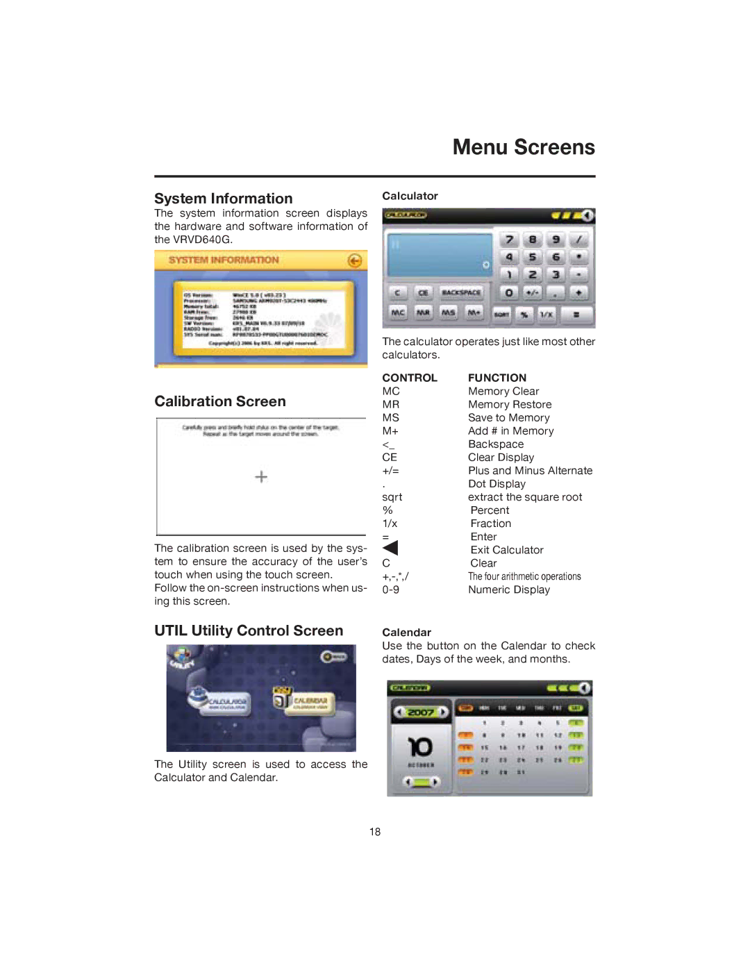 Elite VRVD640G manual System Information, Calibration Screen, Util Utility Control Screen, Control Function 