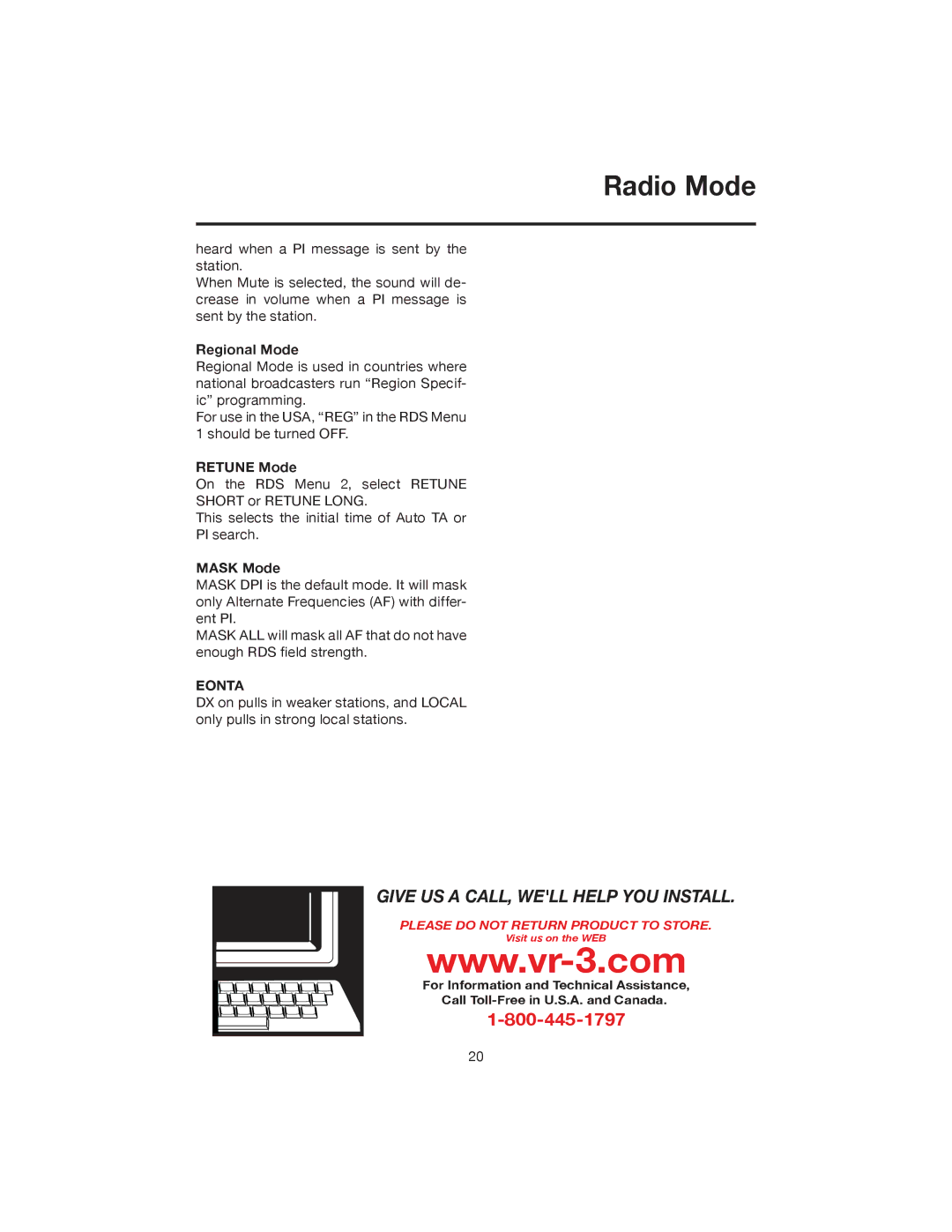 Elite VRVD640G manual Radio Mode, Regional Mode, Retune Mode, Mask Mode, Eonta 