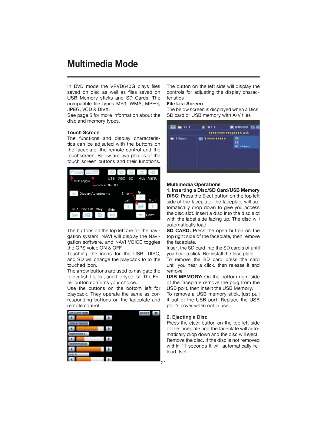 Elite VRVD640G manual Multimedia Mode, Touch Screen, File List Screen, Ejecting a Disc 