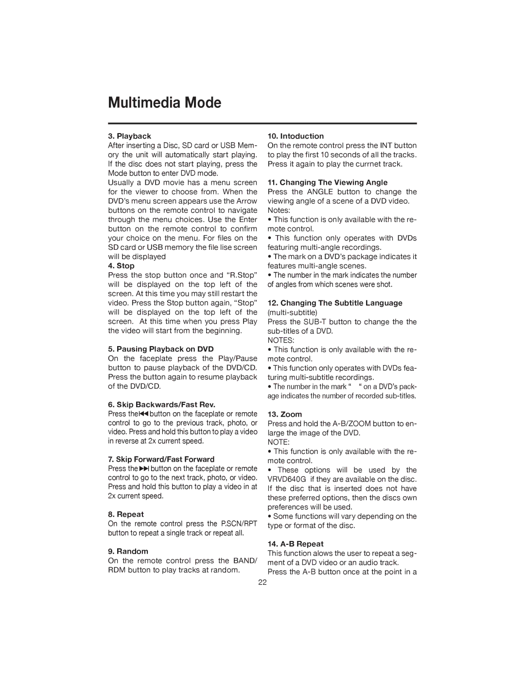 Elite VRVD640G Stop, Pausing Playback on DVD, Skip Backwards/Fast Rev, Skip Forward/Fast Forward, Repeat, Random, Zoom 