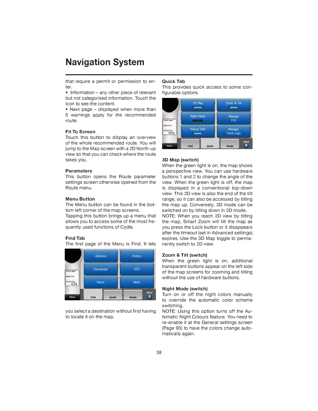 Elite VRVD640G manual Fit To Screen, Parameters, Find Tab, Quick Tab, 3D Map switch, Zoom & Tilt switch, Night Mode switch 