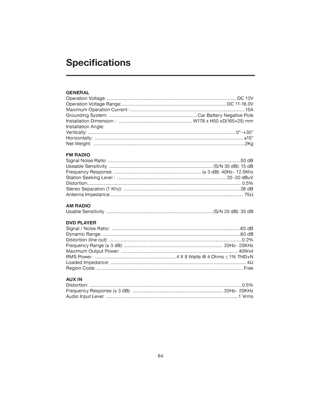 Elite VRVD640G manual Speciﬁcations 