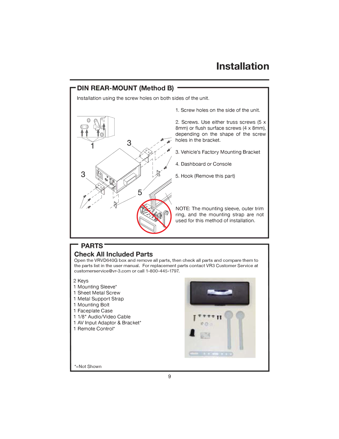 Elite VRVD640G manual DIN REAR-MOUNT Method B, Check All Included Parts 