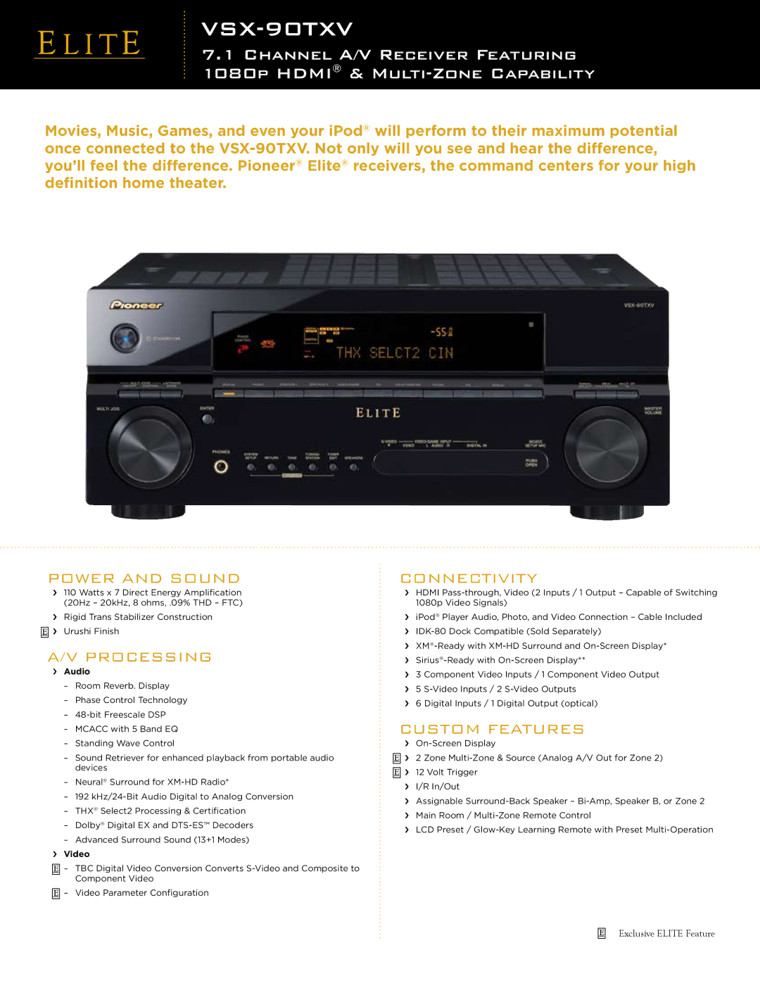 Elite VSX-90TXV manual Power and Sound, Processing, Custom Features, Connectivity 