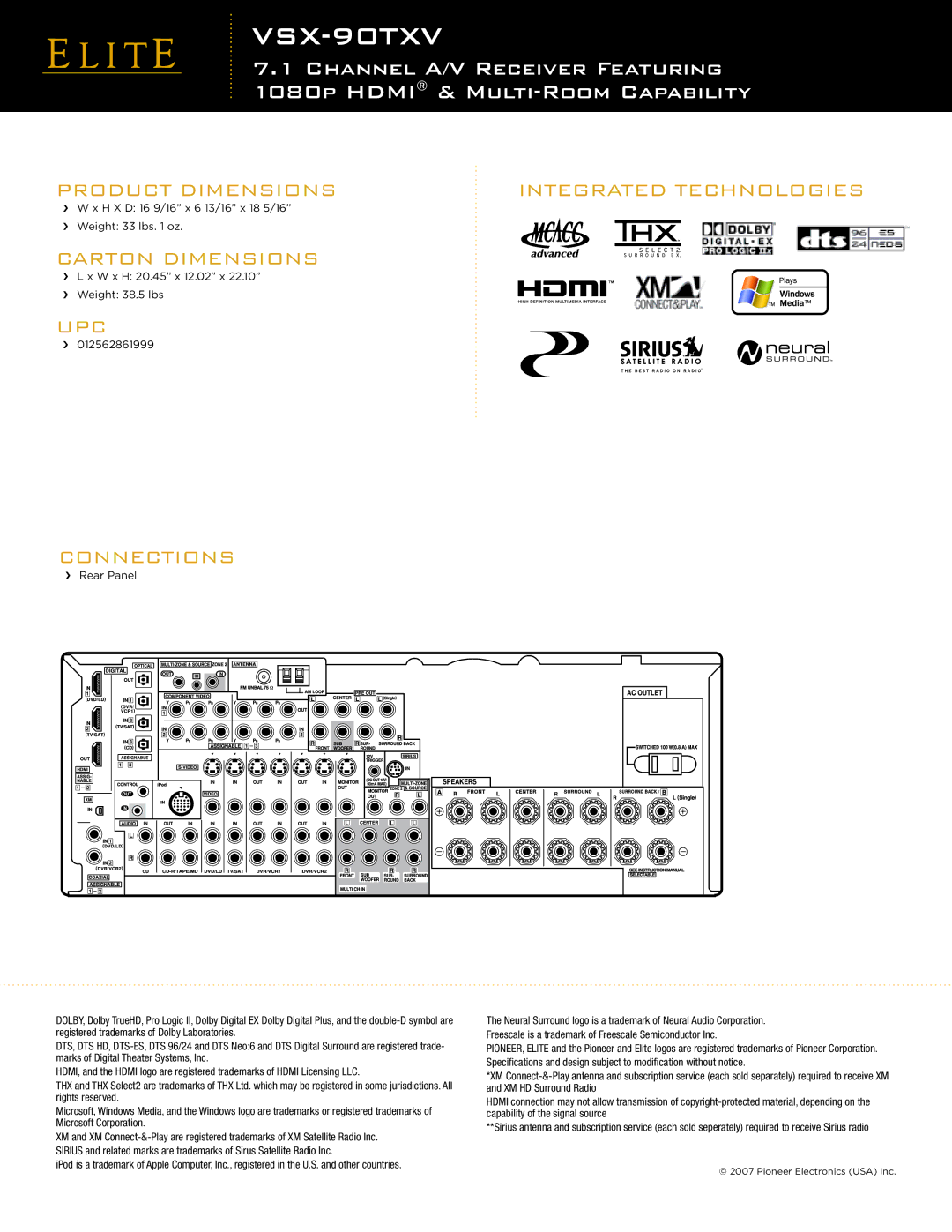 Elite VSX-90TXV manual Product Dimensions Integrated Technologies, Upc, Carton Dimensions, Connections 