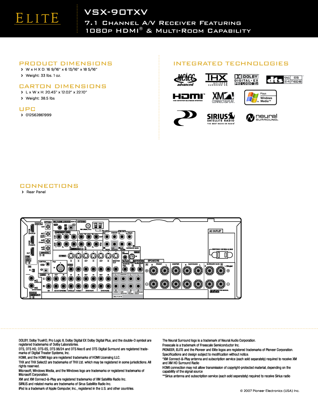 Elite VSX-90TXV manual Product Dimensions, Integrated Technologies, Carton Dimensions, Connections 