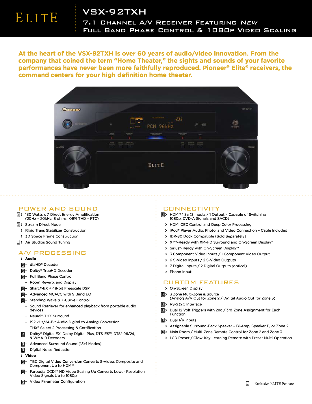 Elite VSX-92TXH manual Channel A/V Receiver Featuring New, FULL BAND PHASE CONTROL & 1080P VIDEO SCALING, Power And Sound 